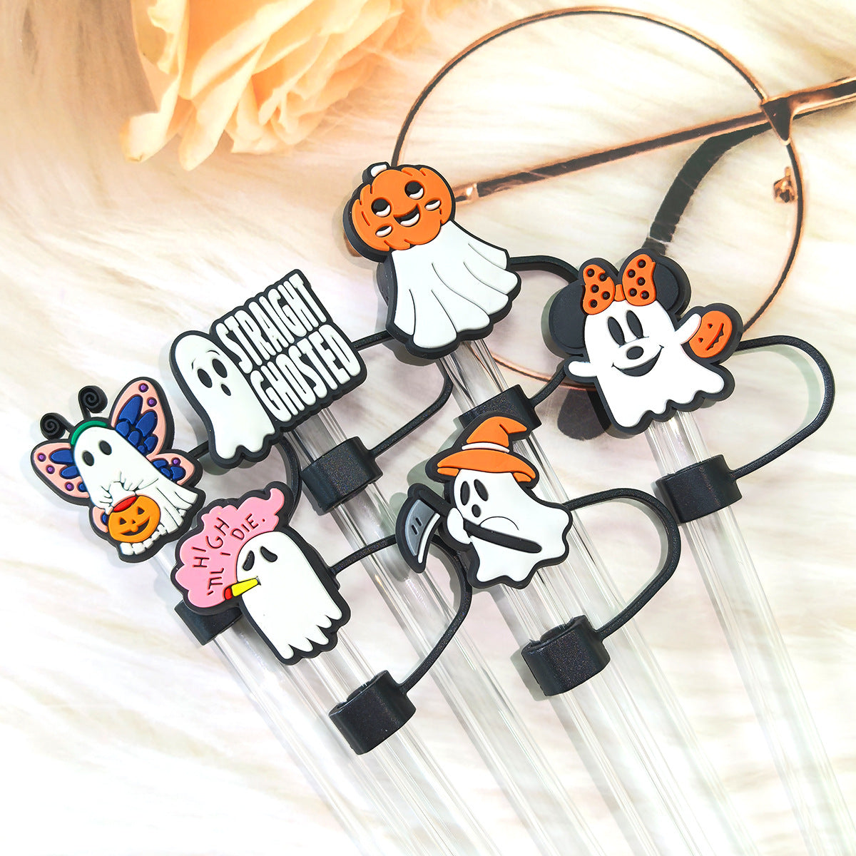 Wholesale Random 100pcs Straw Tube Cap Cartoon Cute Ghost Straw Cover ACC-SCR-RYY057