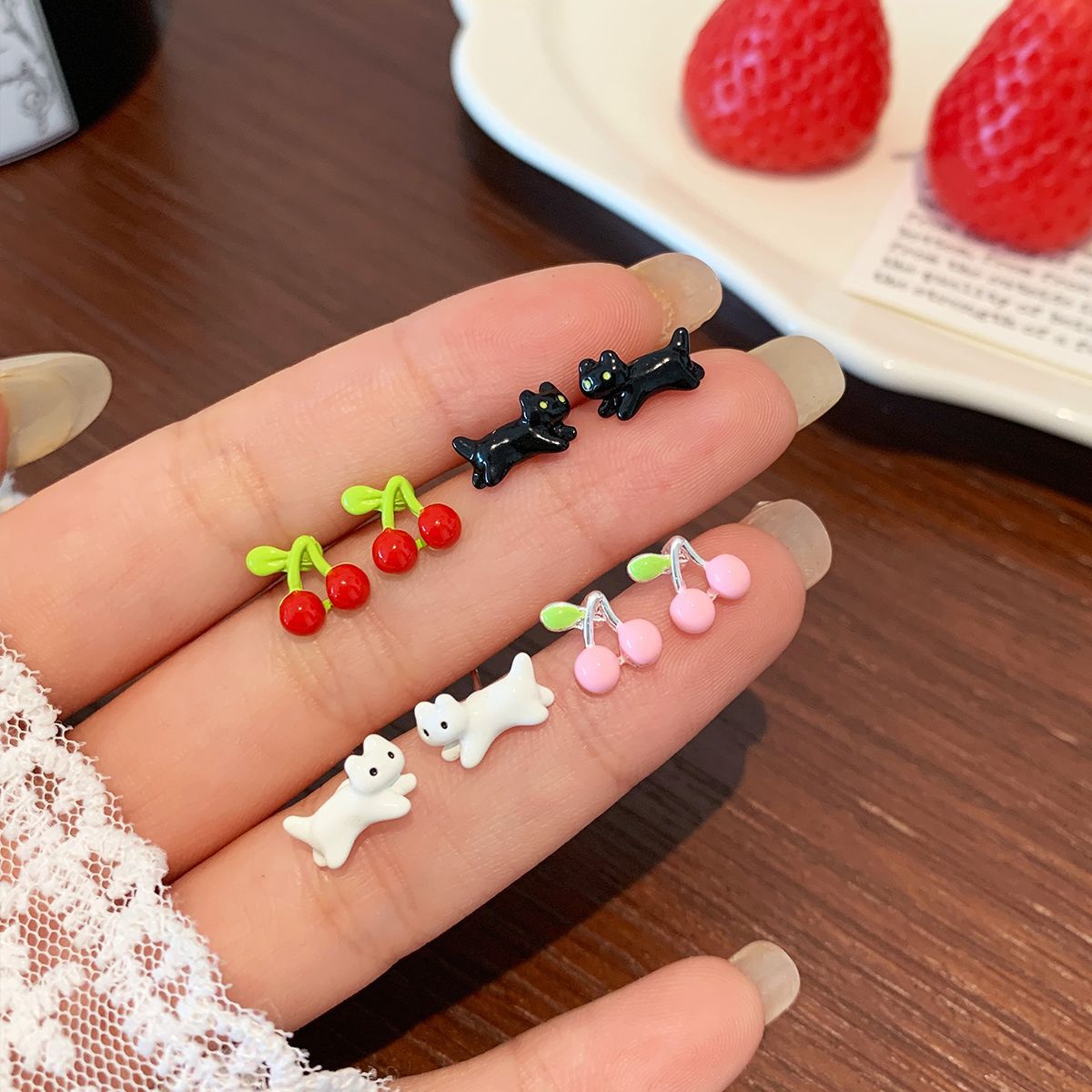 Wholesale Love Cherry Cat Earrings Three-Piece Set Silver Needle Cute Versatile Earrings