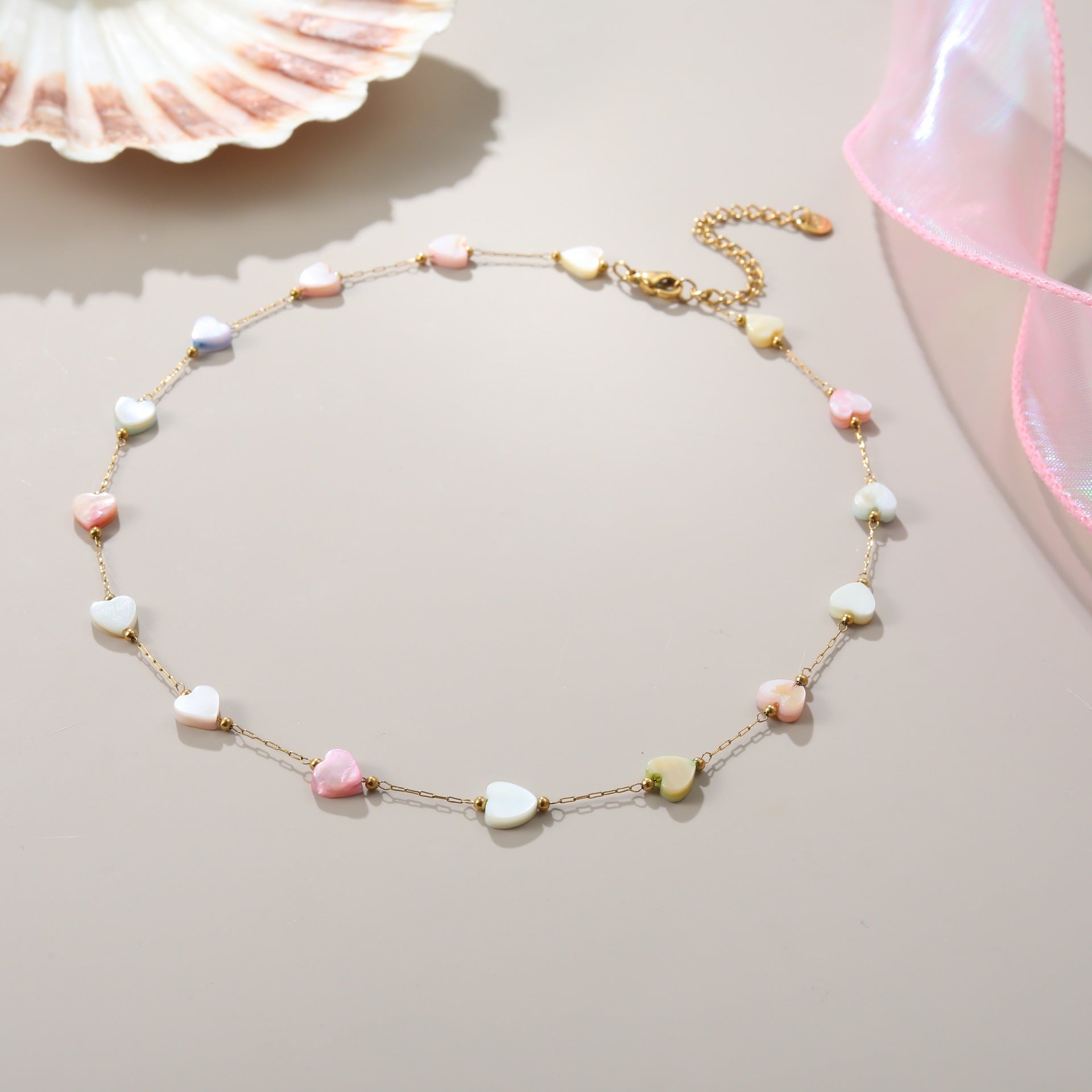 Wholesale Dopamine Style Sweet Colorful Heart-Shaped Mother-of-Pearl Stainless Steel Necklace
