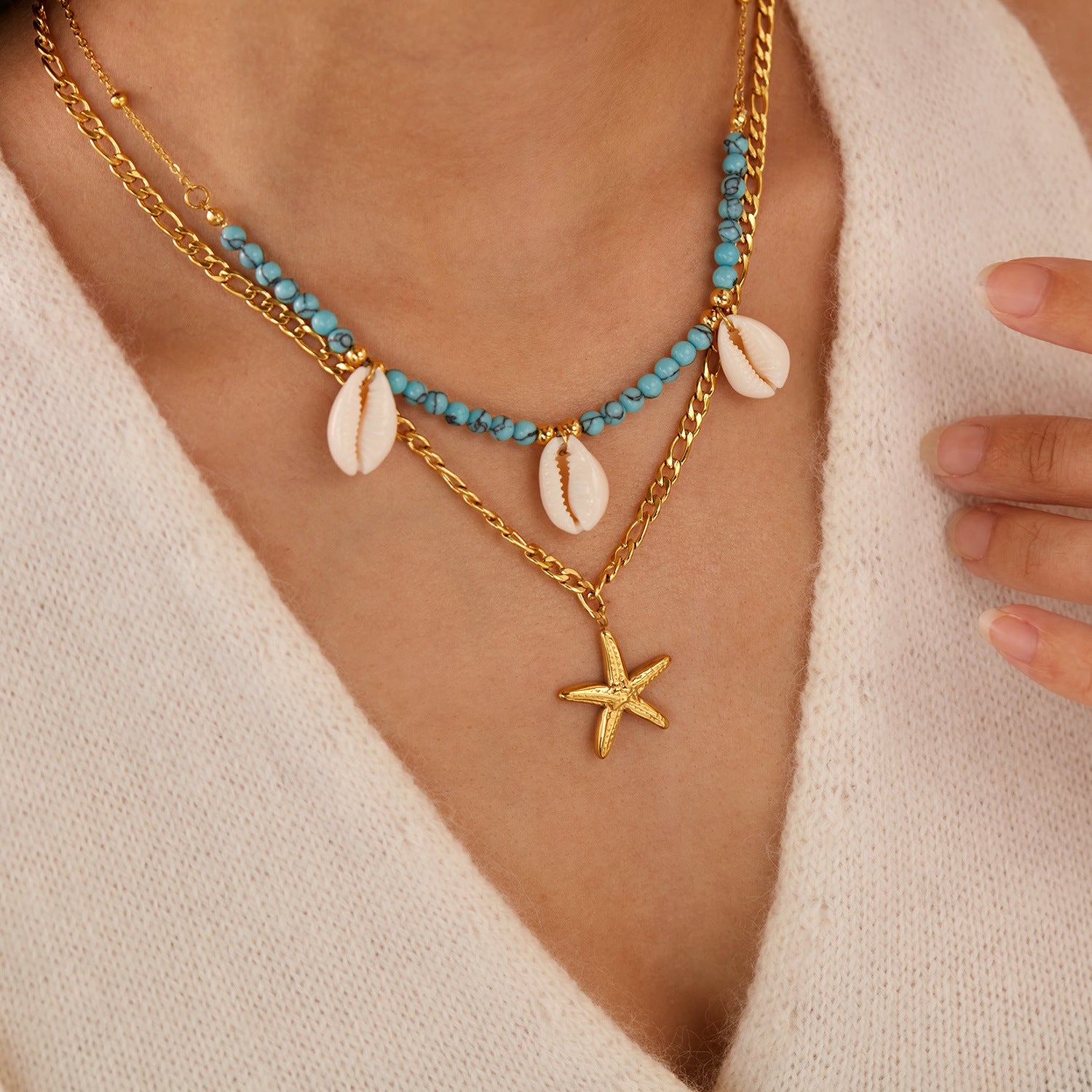 Wholesale  Titanium Starfish Shell Necklace Blue Turquoise Bead  Double Layer Clavicle Chain
