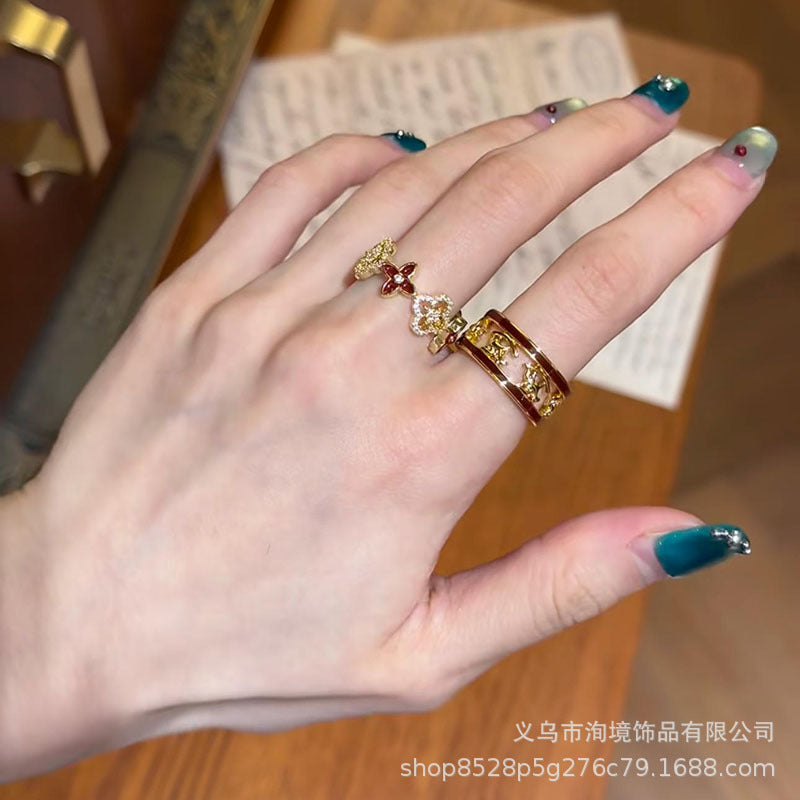 Wholesale Trendy Burgundy Sparkle Four-Leaf Clover Ring Women' s Gift Jewelry Accessory