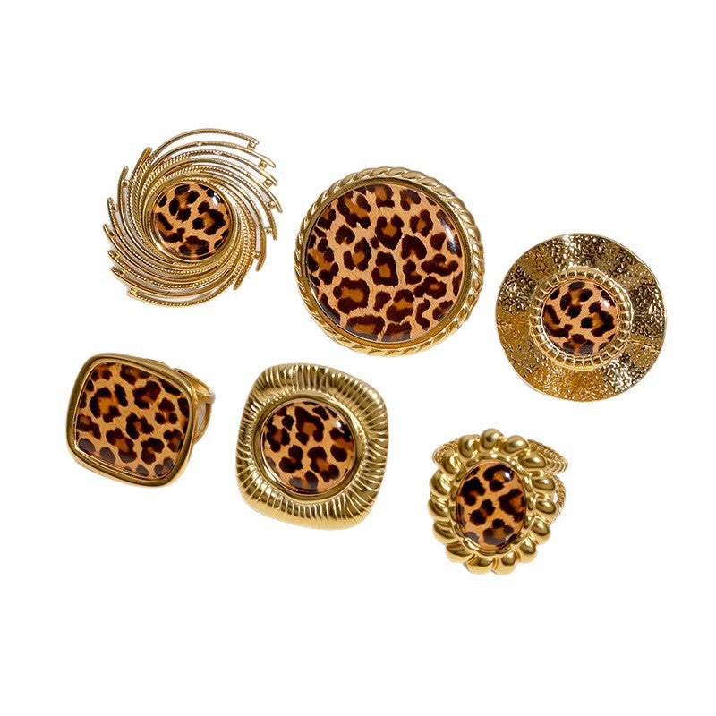 Wholesale Stylish Stainless Steel Open Ring For Women Leopard Print Wide Band Adjustable Jewelry Accessory