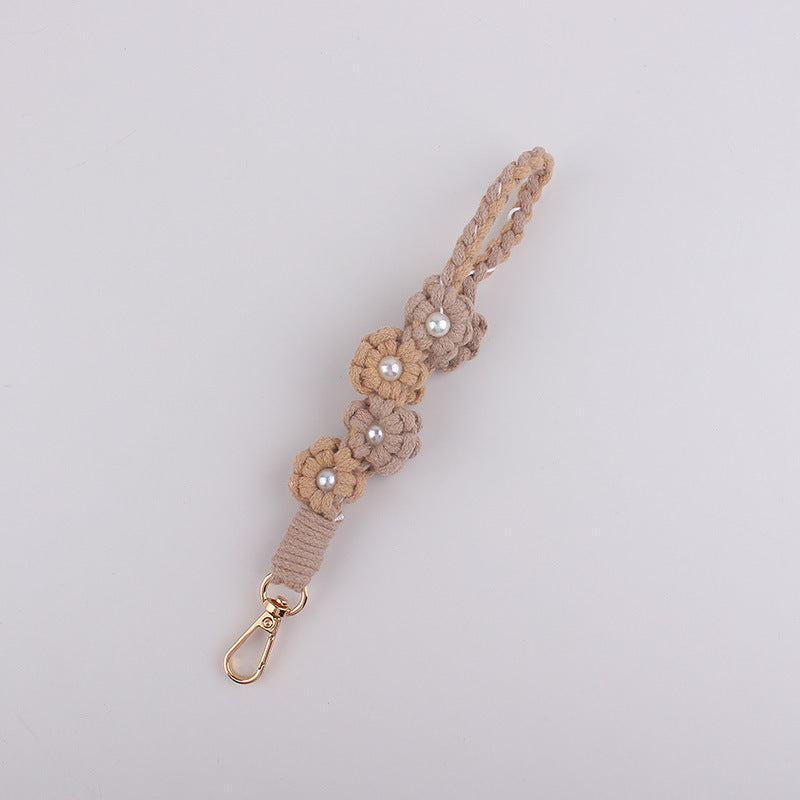 Wholesale Handwoven Pearl Flower Keychain Cute Candy Color Phone Lanyard With Cotton Rope Chic Bag Charm Everyday Use