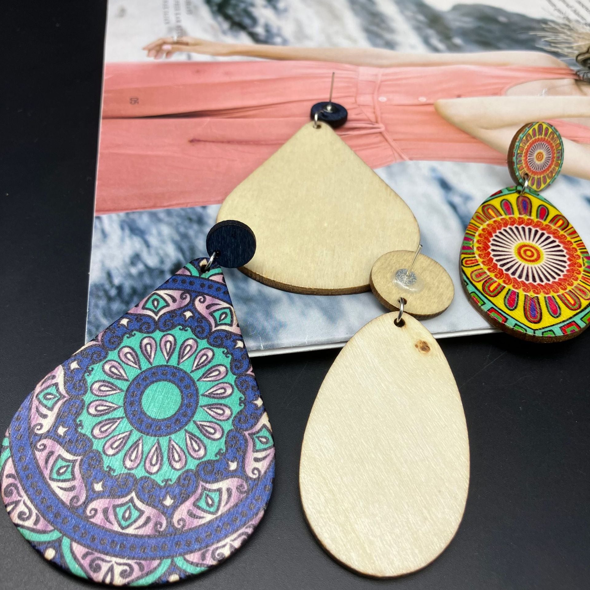 Wholesale Bohemian Printed Wooden Vintage Ethnic Style Earrings ACC-ES-FX027