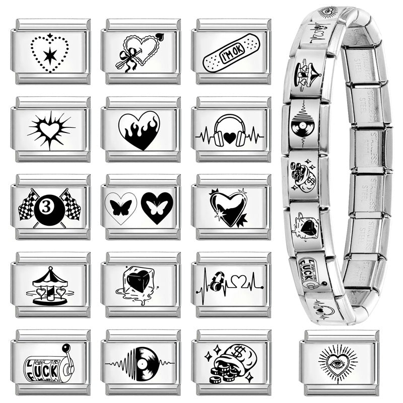 Wholesale 9mm Italian Charm Starter Bracelets DIY Black and White Heart Stainless Steel Composable Bracelet