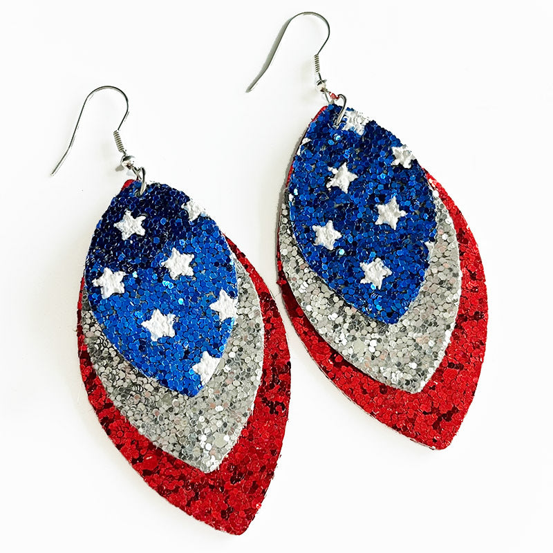 Wholesale 2 Pairs/pack American Independence Day Feather Shiny Leather Metal Mesh Leather Earrings ACC-ES-HY035