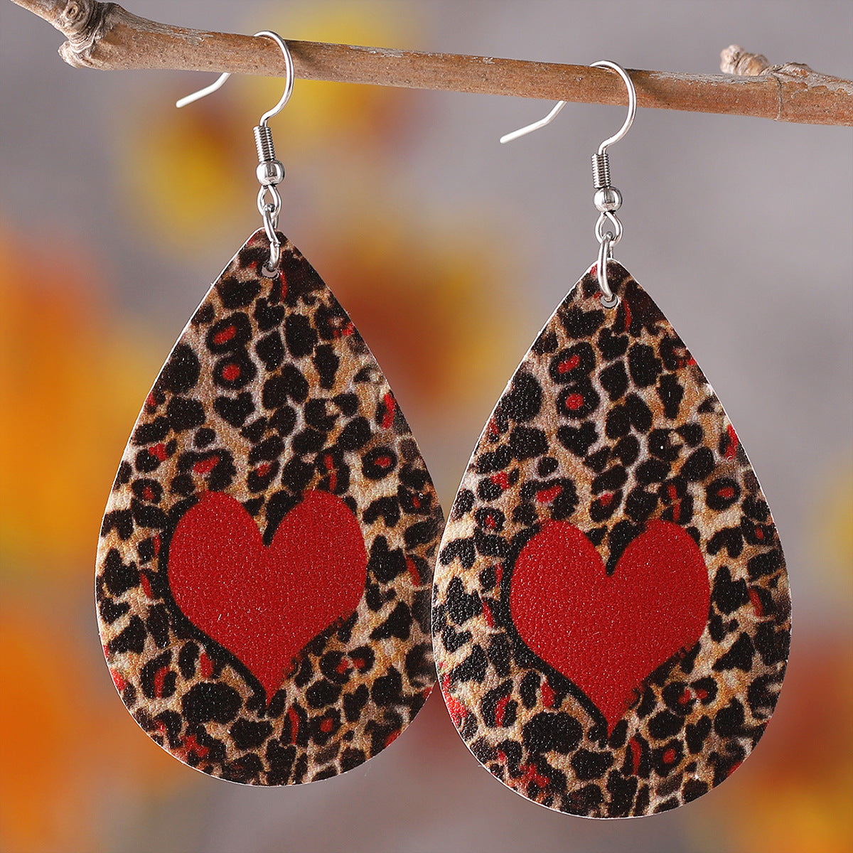 Wholesale PU leather Valentine' s Day checkered letter leopard print heart earrings