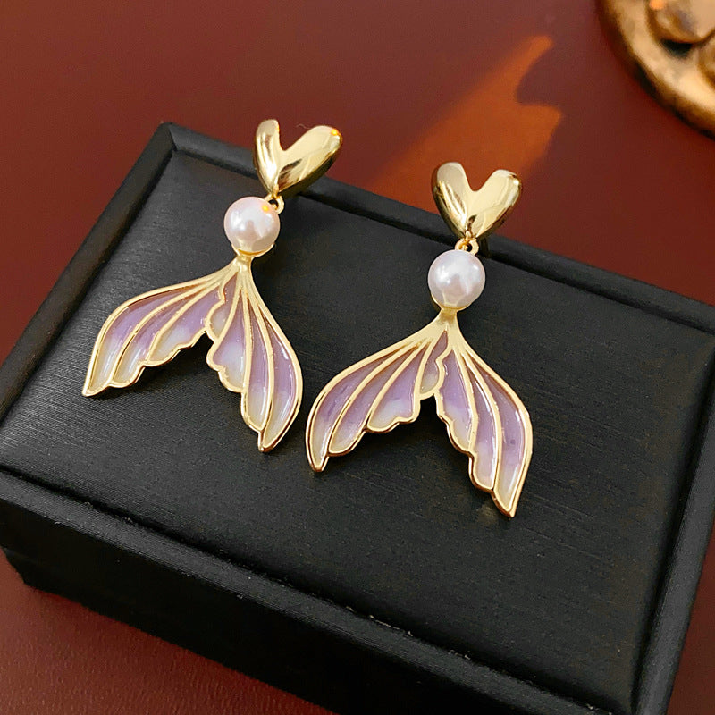 Wholesale Vintage Oil Dropping Fish Tail Love Pearl 925 Silver Earrings