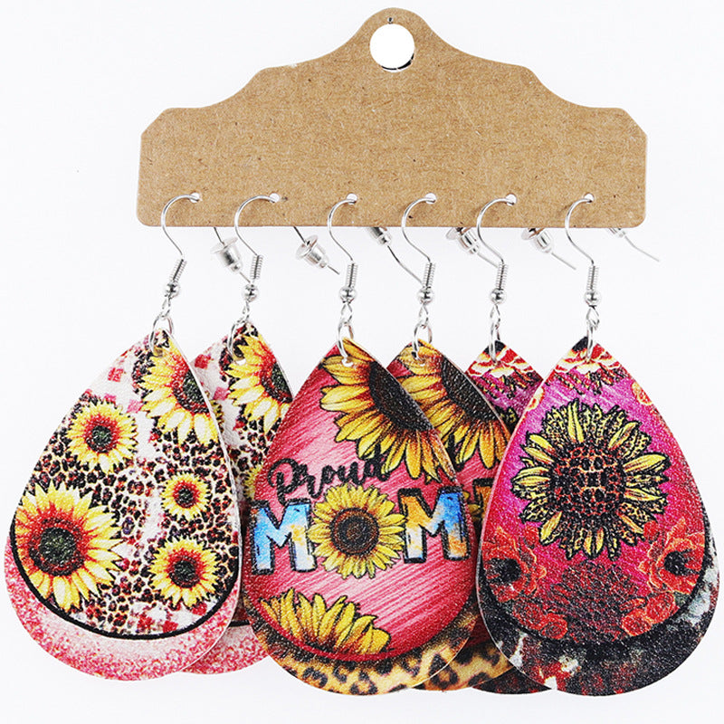 Wholesale Mother's Day Teardrop Shape Leather Floral Earrings Cow Pattern Set ACC-ES-Mijun004
