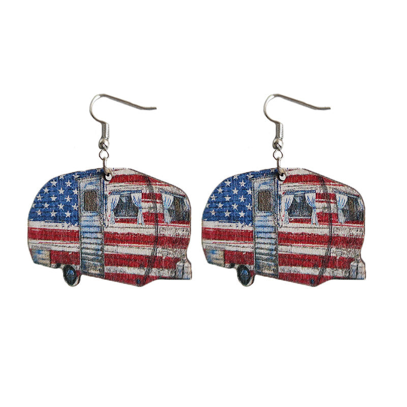 Wholesale 2 Pairs/pack American Independence Day Leopard Print Small Flower RV Camping Wooden Earrings ACC-ES-HY012