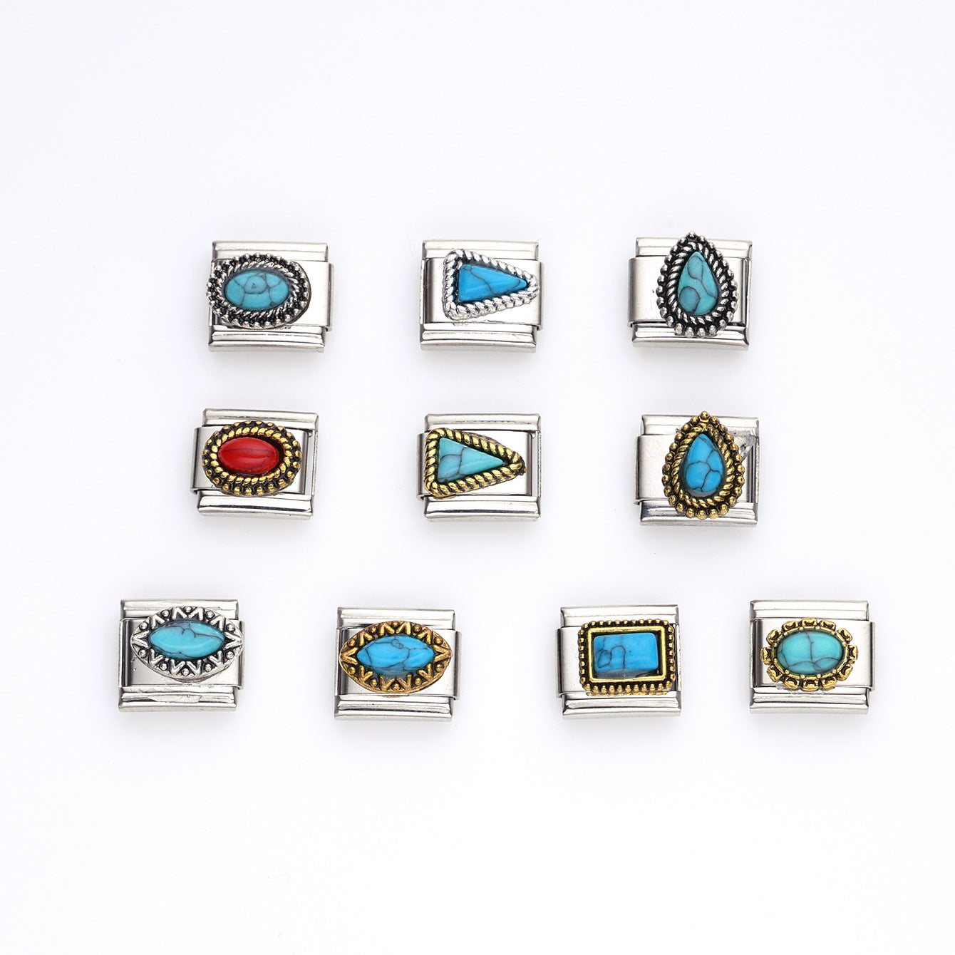 Wholesale 10pcs Italian Charm Bracelet 9mm DIY Splicing Geometric Turquoise Stainless Steel Composable Bracelet