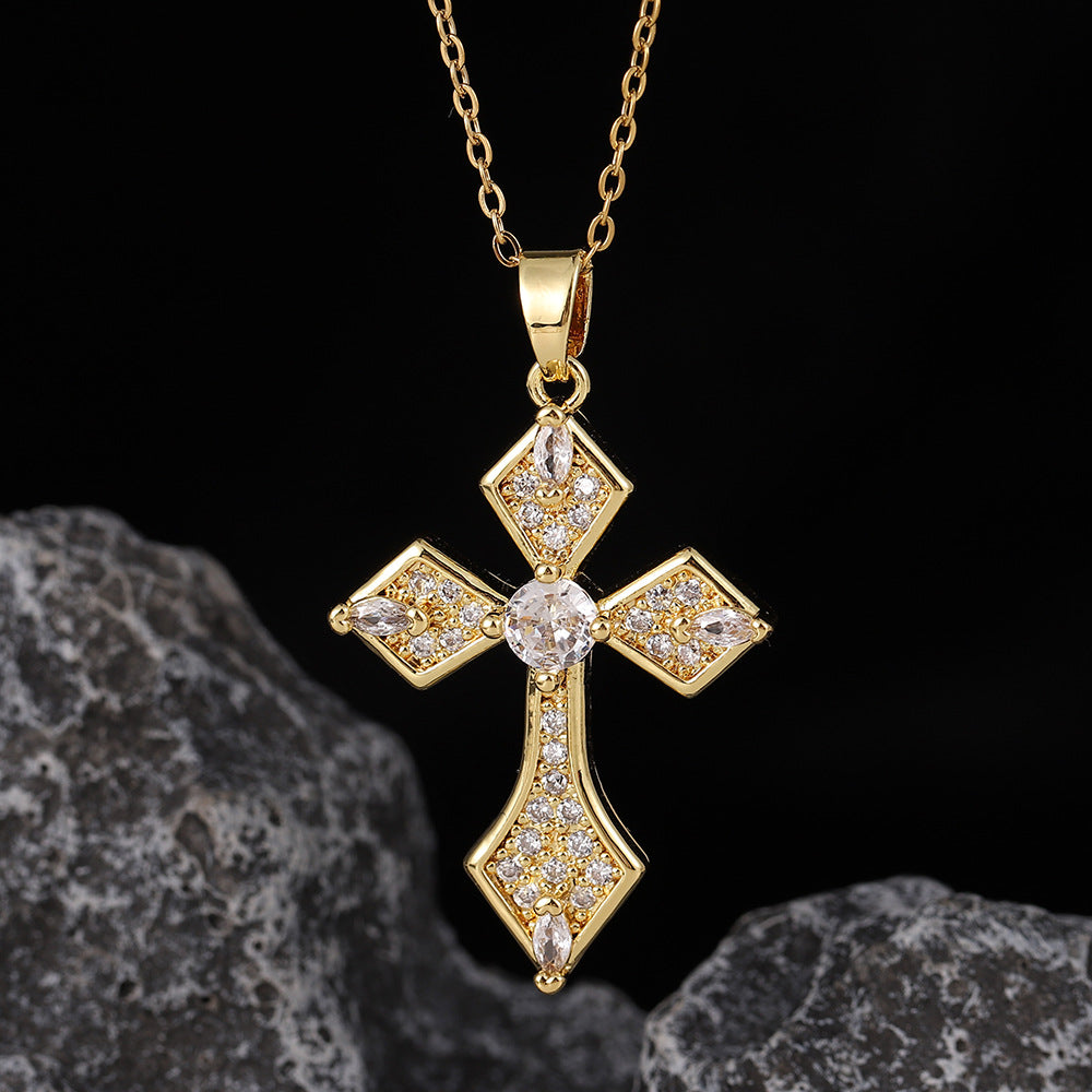 Wholesale Stylish Cross Pendant Necklace For Women Gold Plated Copper With Zircon Fashion Accessory Gift