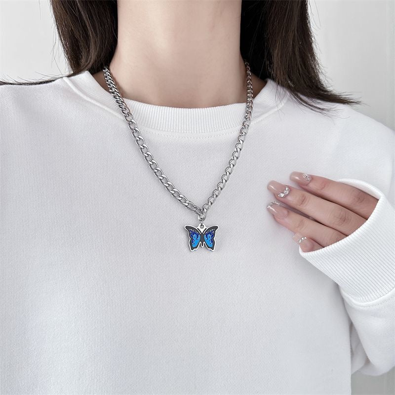 Wholesale Titanium Steel Blue Flame Butterfly Pendant Necklace Fashion Jewelry Accessory for Women