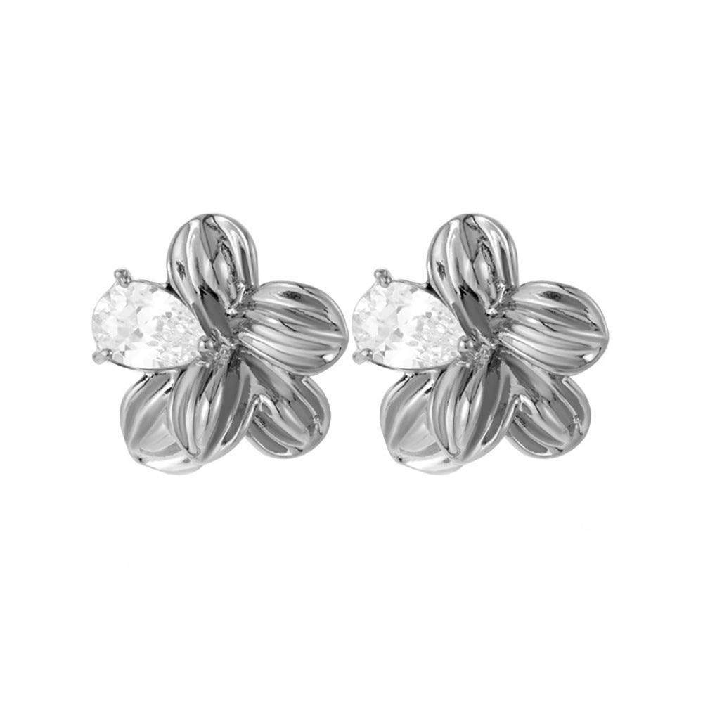 Großhandel Camellia Ohrringe Edelstahl Eingelegtes Zirkonblütenohrringe