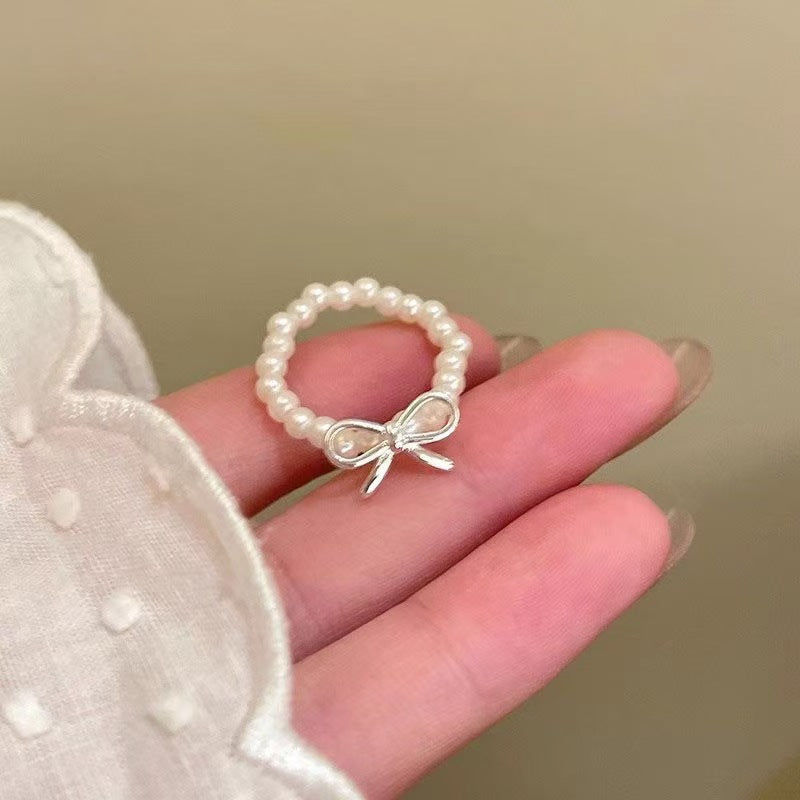 Wholesale Alloy Pearl Beaded Adjustable Bow Ring For Women Trendy Jewelry Accessory
