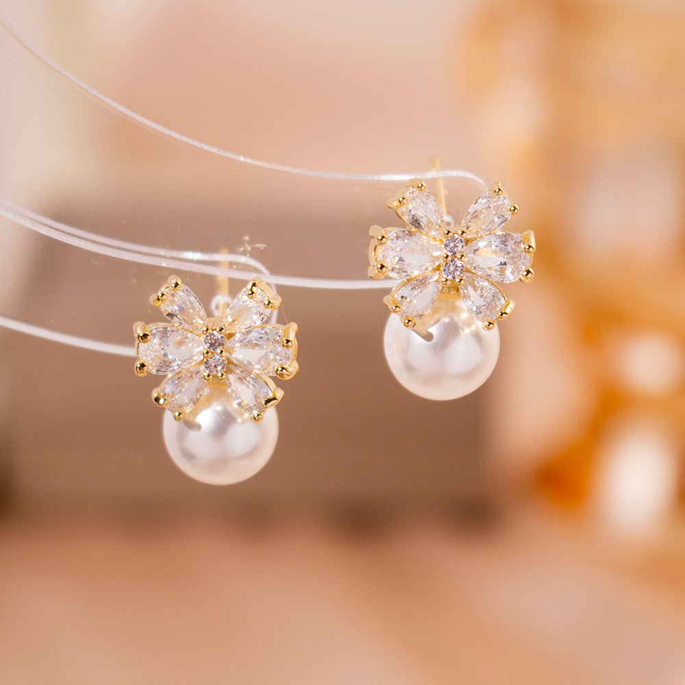 Wholesale Silver Needle High-grade Zircon Butterfly Pearl Earrings