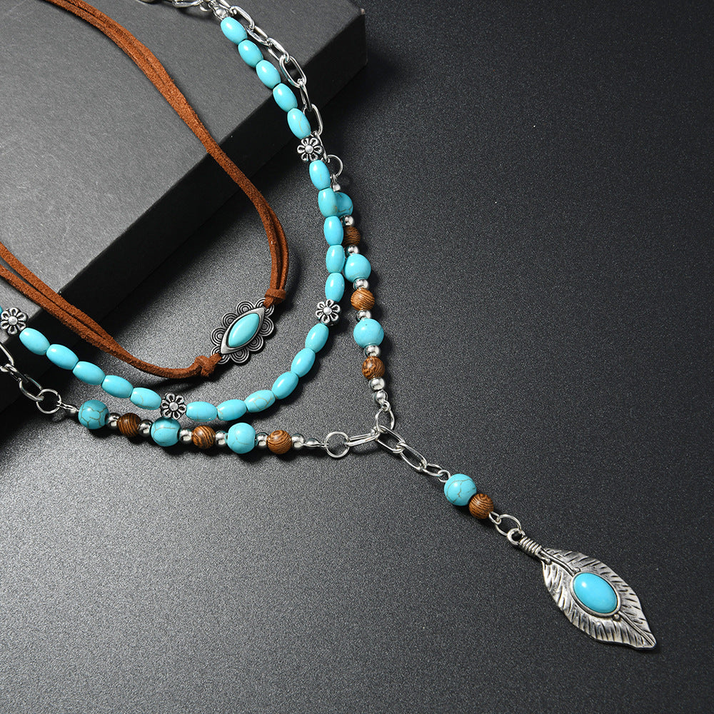 Wholesale Handmade Beaded Bohemian Turquoise Layered Necklace For Women Vintage Feather Pendant Trendy Jewelry Gift