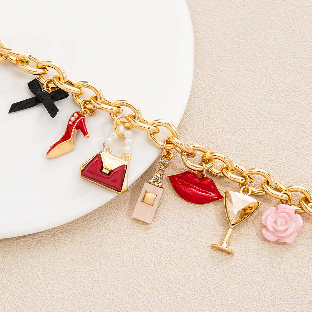 Wholesale  Light Luxury Dropping Oil Lady Lipstick Goblet Pendant Zinc Alloy Bracelet