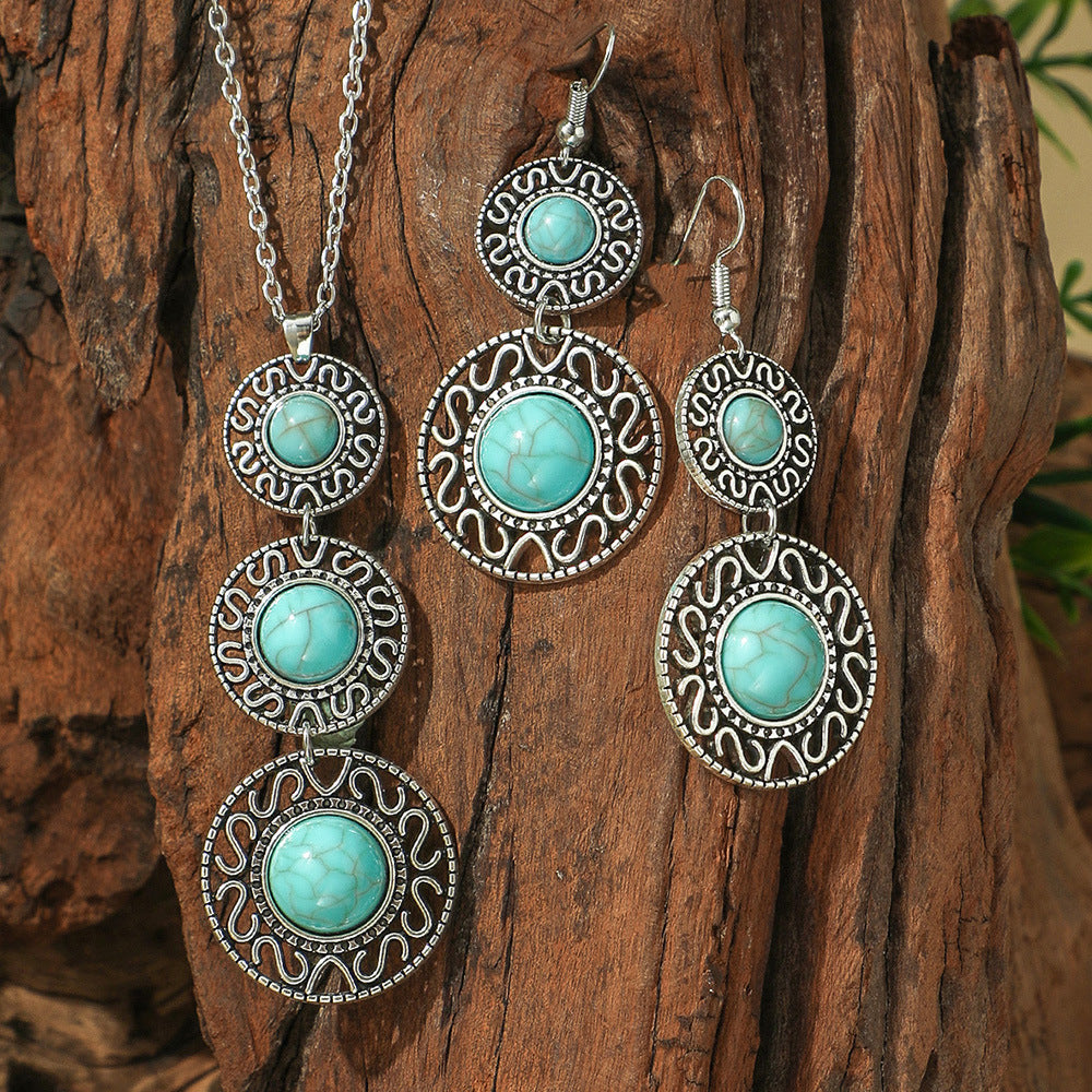 Wholesale Bohemian Vintage Earrings and Necklace Set Turquoise Drop Pendant Jewelry Accessory