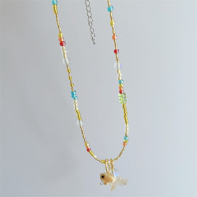 Wholesale Colorful Summer Dopamine Small Fish Pendant Blue Beaded Necklace