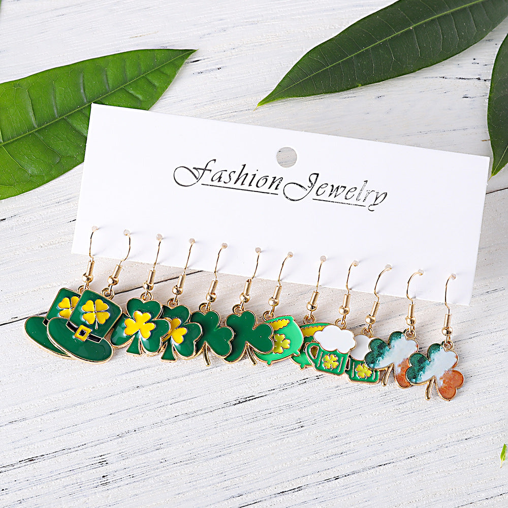 Wholesale St. Patrick's Day Green Clover Hat Green Beer  Earrings suit