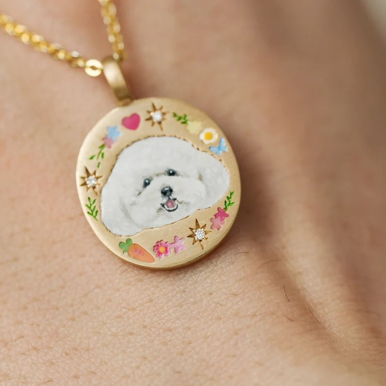 Wholesale CHand-Painted Copper Oval Tarot Card Necklace with Enamel Puppy Motif