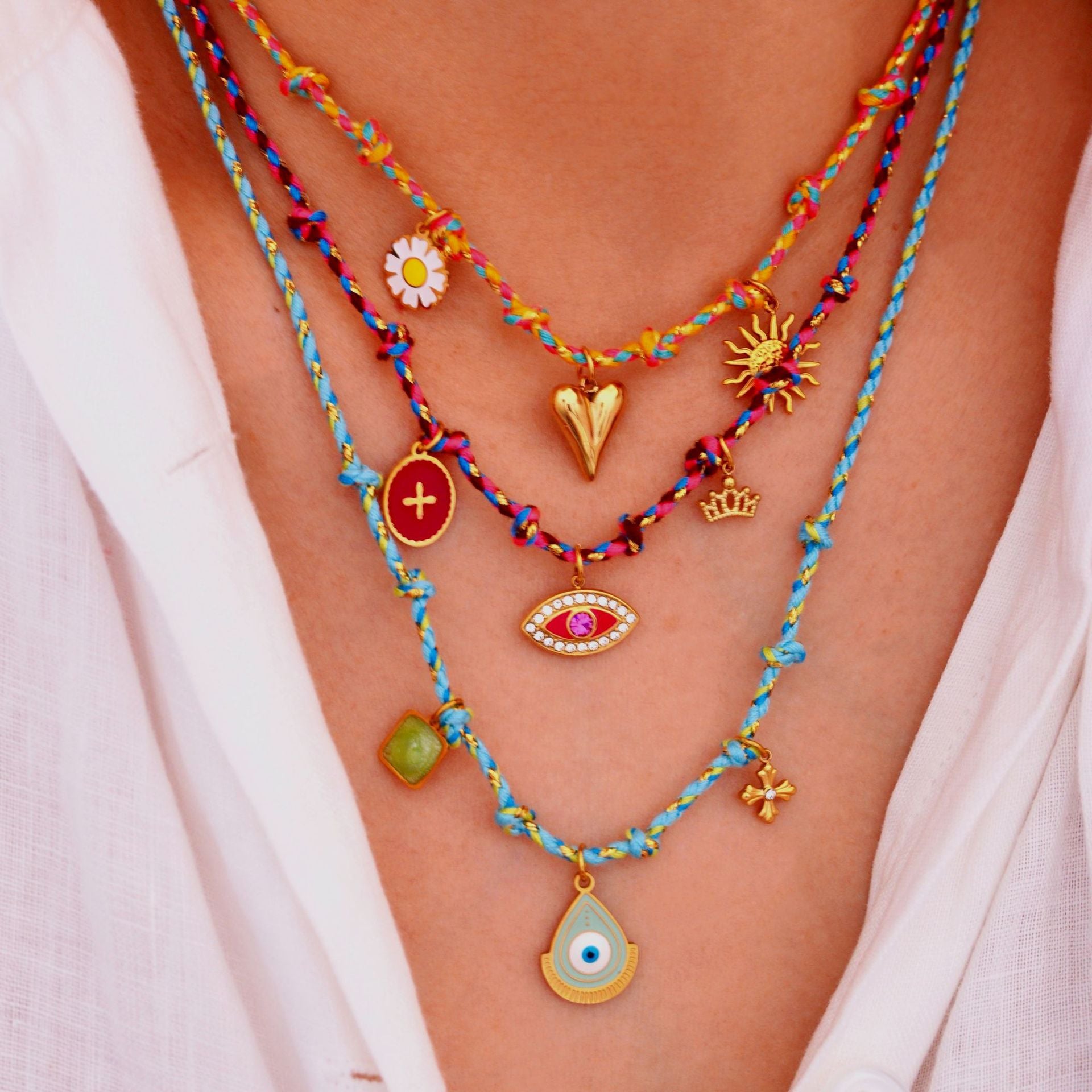 Wholesale Handmade Colorful Rope-Braided Titanium Steel Necklace with Multi-Pendant and Natural Stone,  Boutique Resale Jewelry Accessory