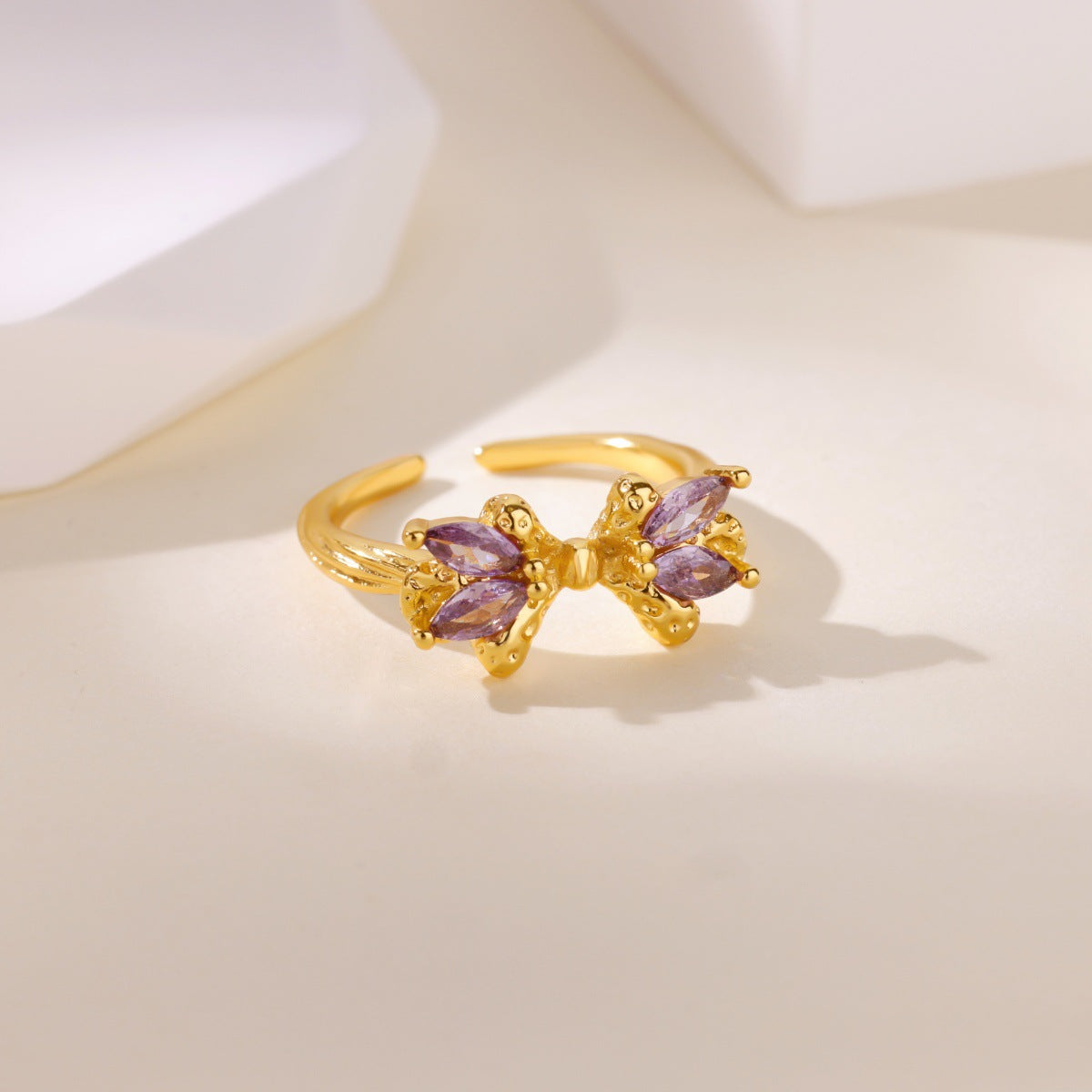 Wholesale Heart Shape Purple Bow Zircon Ring 18K Gold Plated Fashion Accessory Gift for Women Boutique Resale