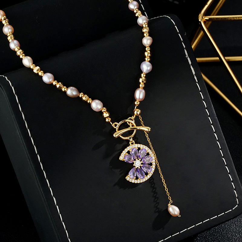 Wholesale  Color Freshwater Pearl Necklace  Gold Electroplating Micro-inlaid Purple Zircon Pendant Necklaces