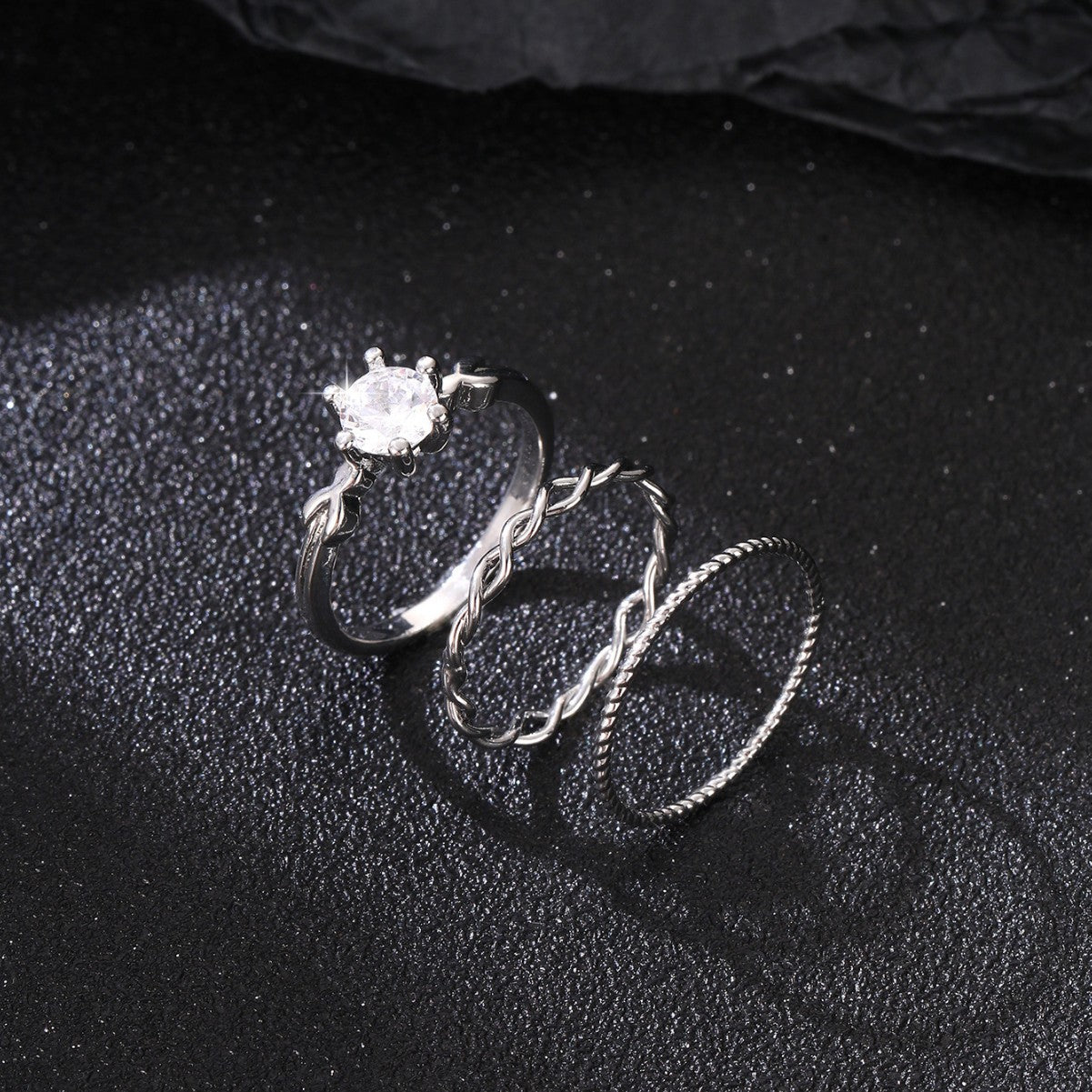 Wholesale 3-piece set twisted copper inlaid shiny white zircon ring for women