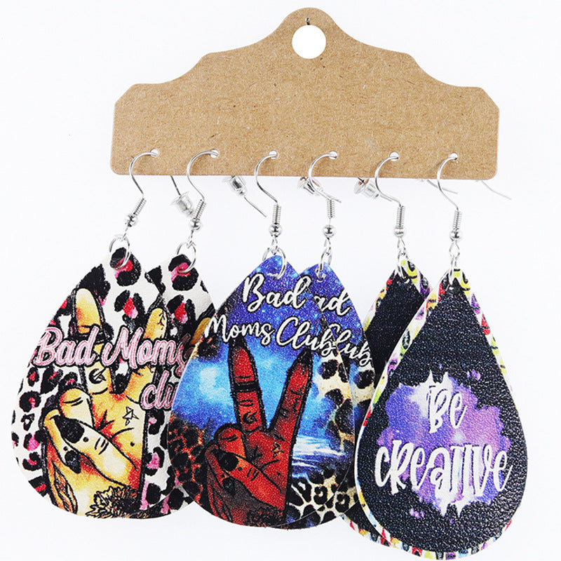 Wholesale Mother's Day Teardrop Shape Leather Floral Earrings Cow Pattern Set ACC-ES-Mijun004
