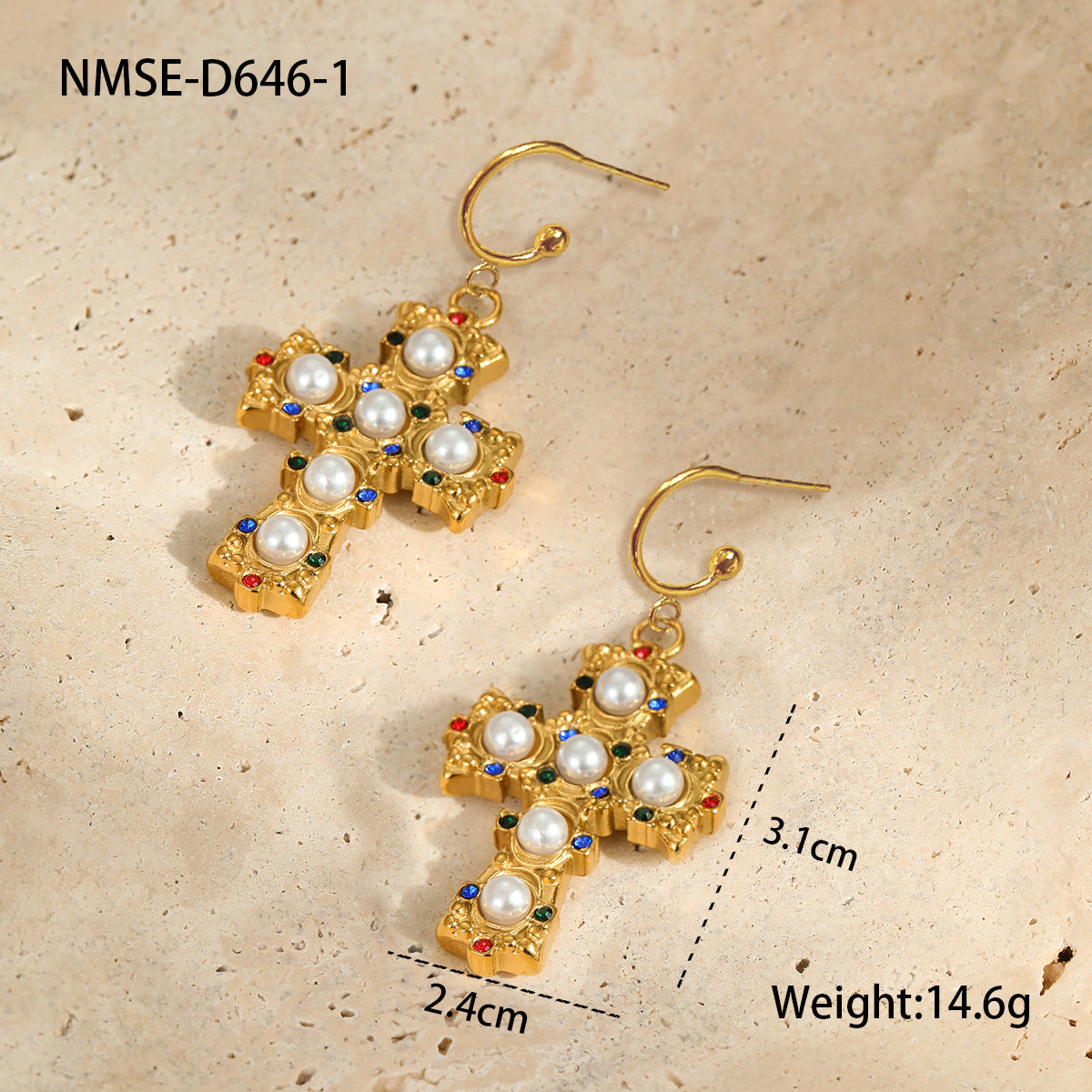 Wholesale Stainless Steel Light Luxury Cross Earrings with Pearls and Zirconia