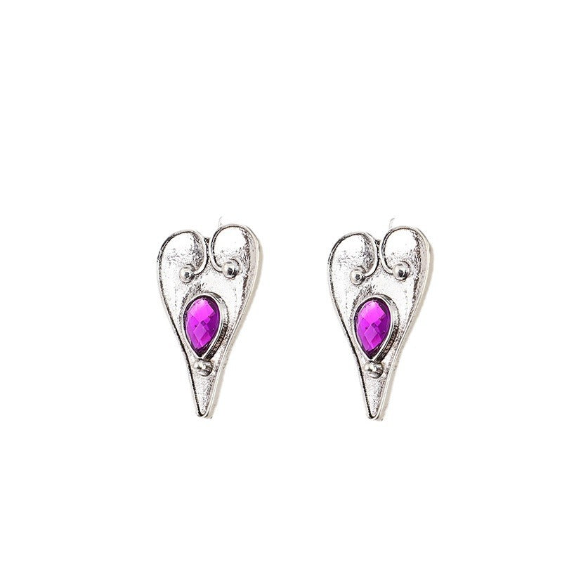 Wholesale Retro Bohemian Heart-Shaped Purple Gemstone Inlay Alloy Earrings for Everyday Wear