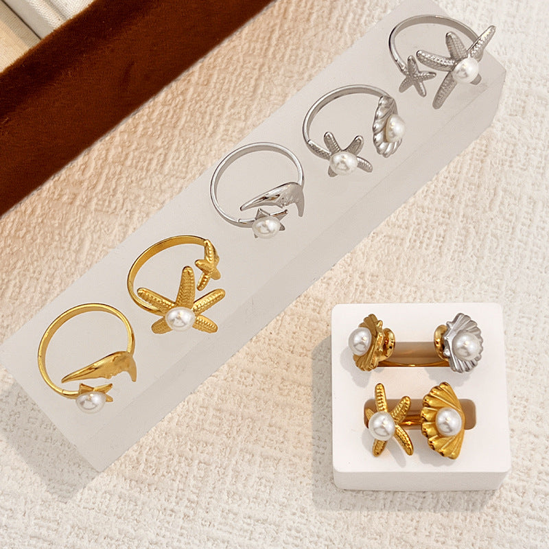 Wholesale Stainless steel starfish shell ring with pearl setting and open design