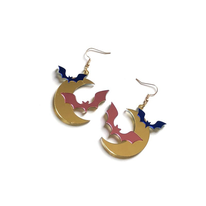 Wholesale Long Mirror Acrylic Gold Moon Bat Earrings  Fashion Accessory