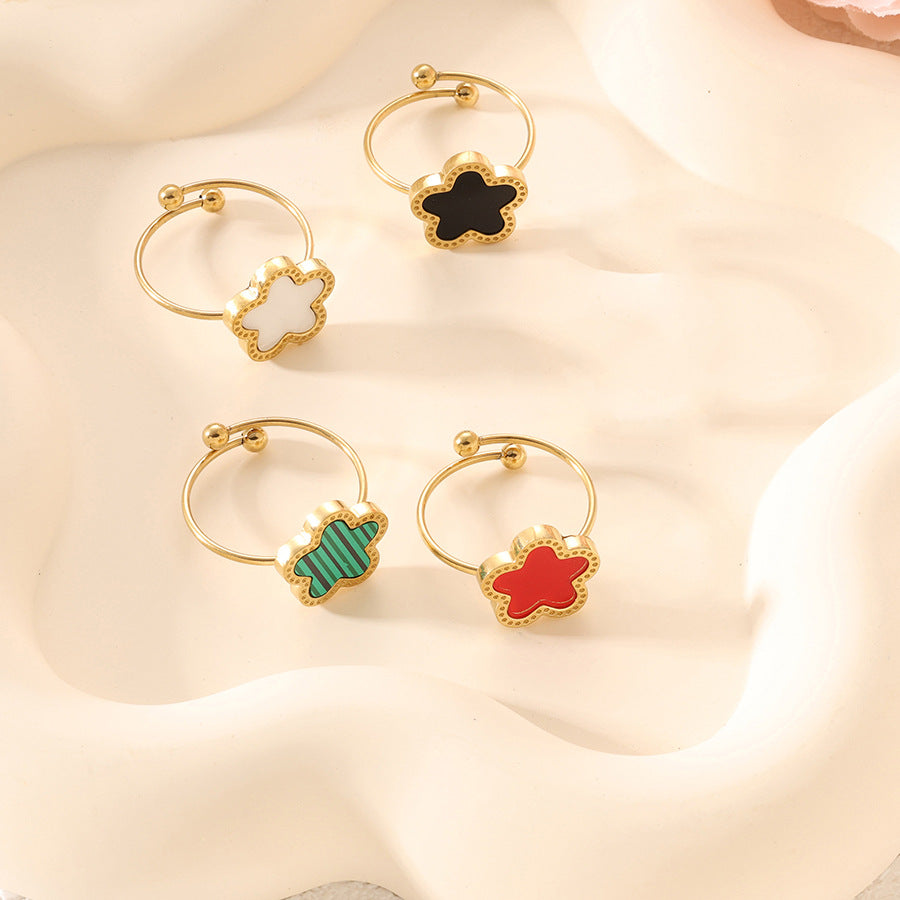 Wholesale Titanium Steel Five-Leaf Flower Mother-Of-Pearl Ring Women' s Fashionable Versatile Adjustable Open Stainless Steel Ring