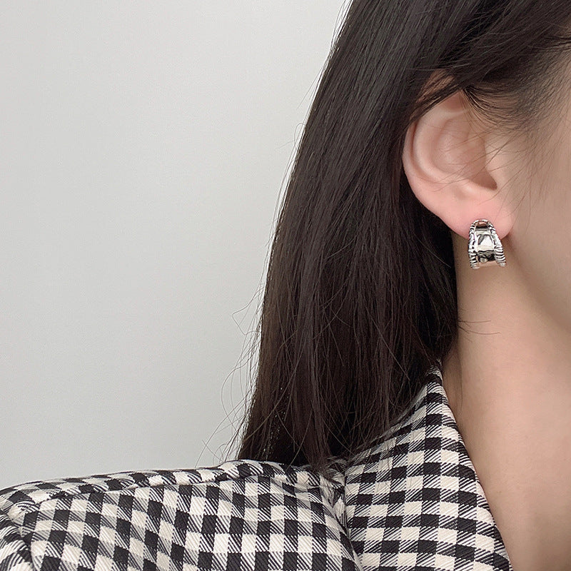 Wholesale Fashion Metal Electroplated Geometric Half Ring Earrings Korean Style Double Layer for Women