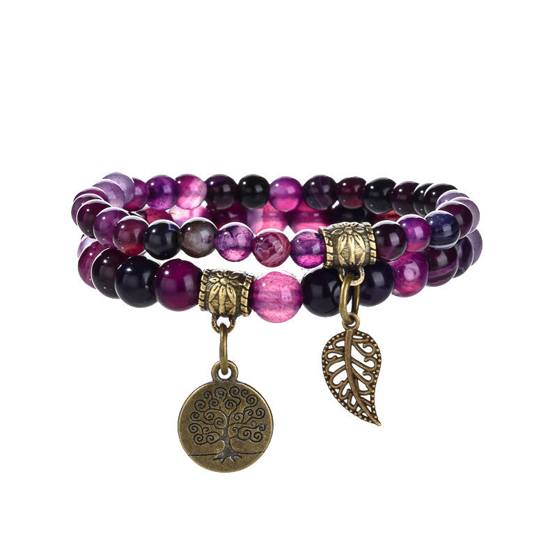 Wholesale Tree of Life Leaves Colorful Tiger Eye Amethyst Agate Bracelet Set