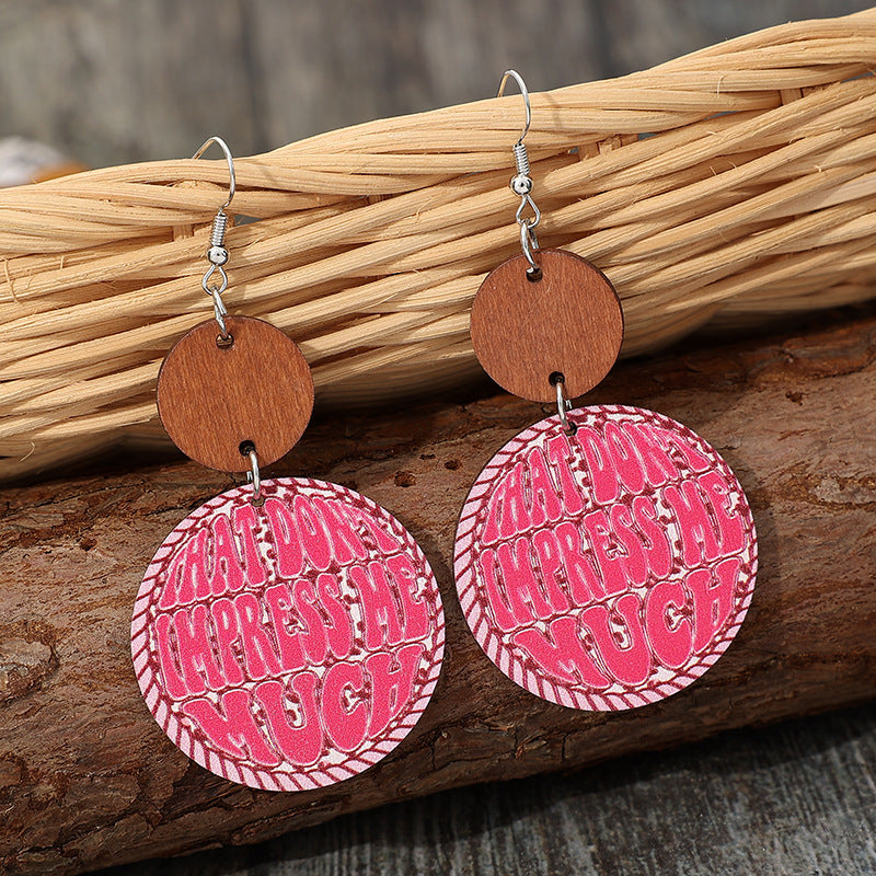 Wholesale Western-Style Round Pink Leather Earrings with Letters