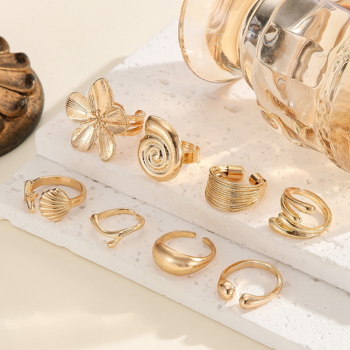 Wholesale 8Pc Gold Floral Women S Rings Set French Chic Zinc Alloy Fashion Jewelry