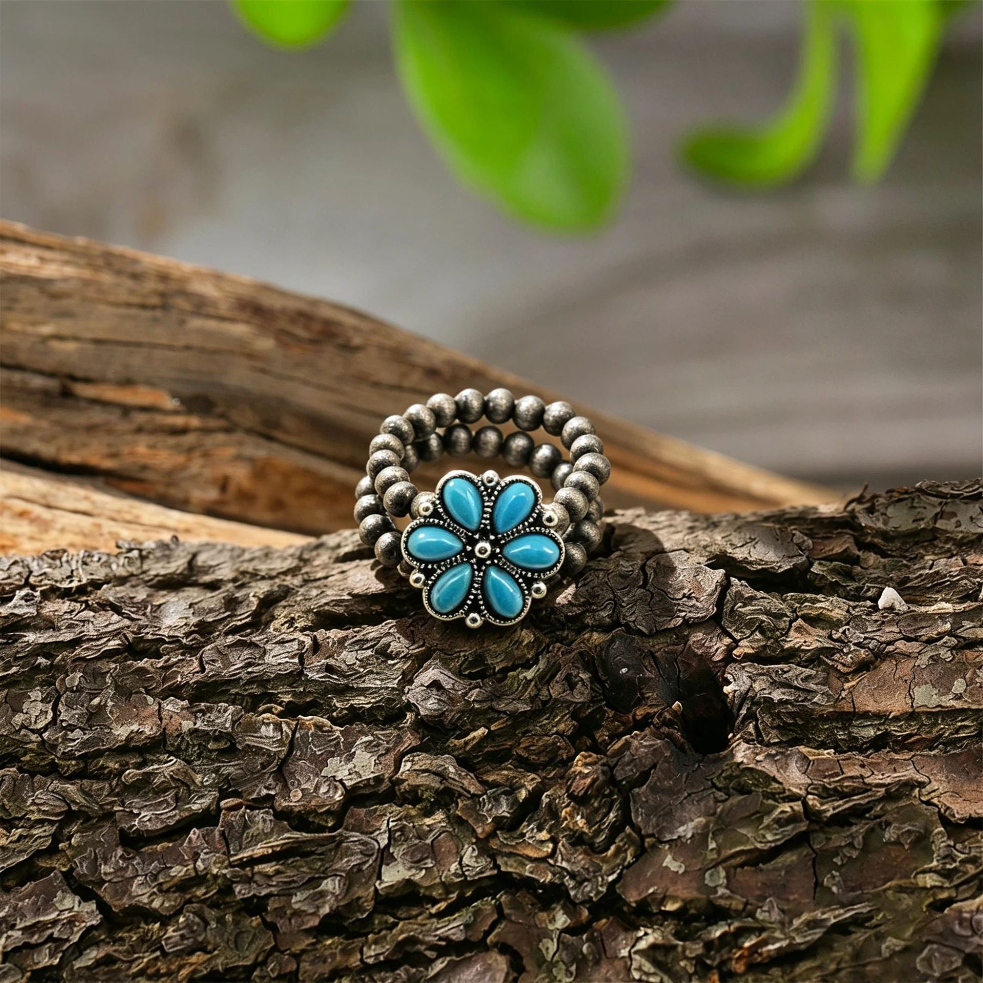 Wholesale Vintage Turquoise Flower Bead Jewelry Set Necklace Bracelet Ring Ethnic Style Fashion Accessory