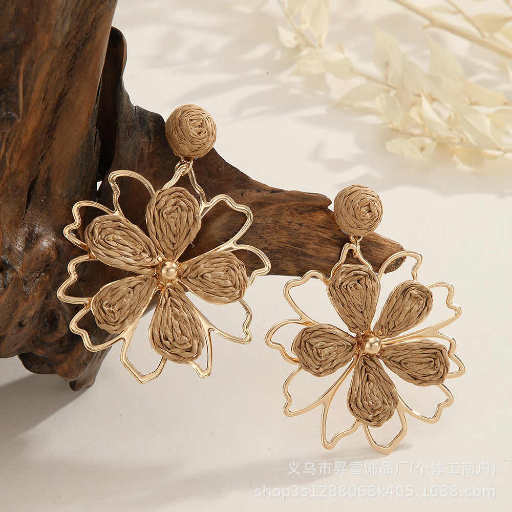 Wholesale Raffia woven summer flower earrings