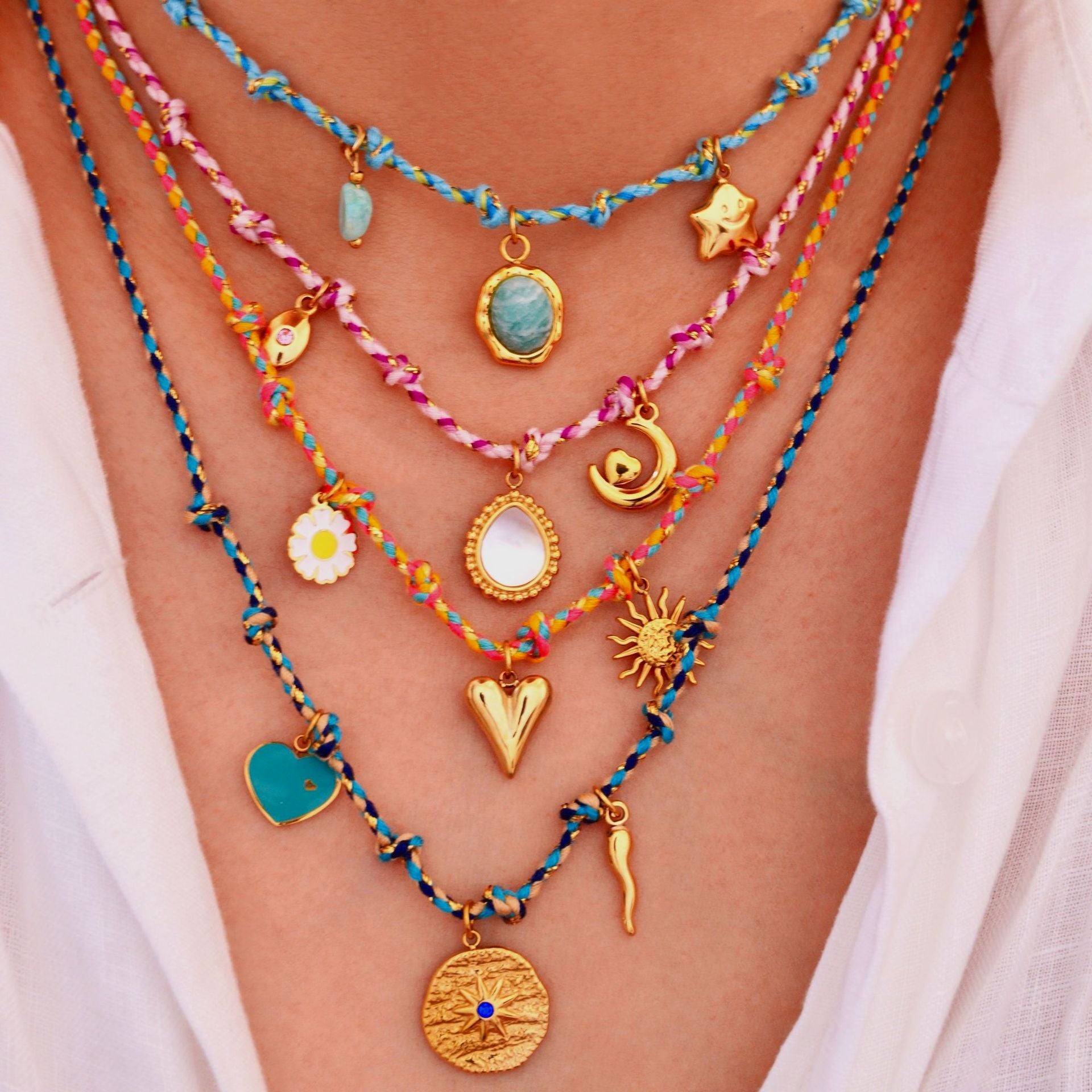 Wholesale Handmade Colorful Rope-Braided Titanium Steel Necklace with Multi-Pendant and Natural Stone,  Boutique Resale Jewelry Accessory