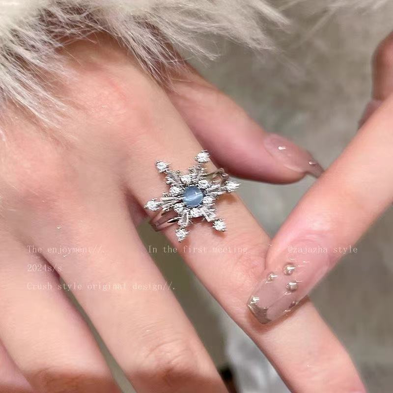 Wholesale  Flash Blue Zircon Snowflake Ring