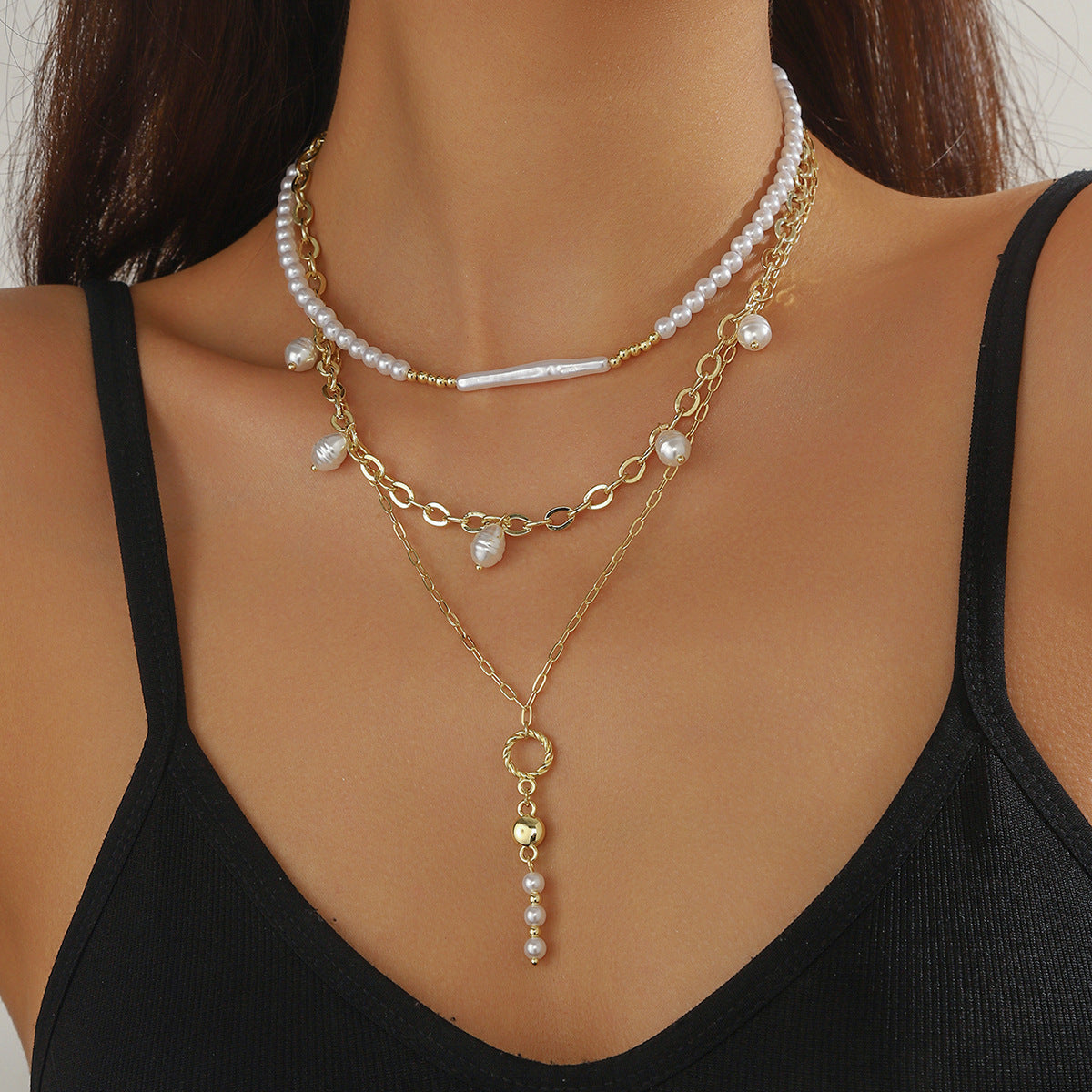 Wholesale Multi-Layered Baroque Imitation Flat Pearl Necklace Light Luxury and High-End Pearl Necklace for Women