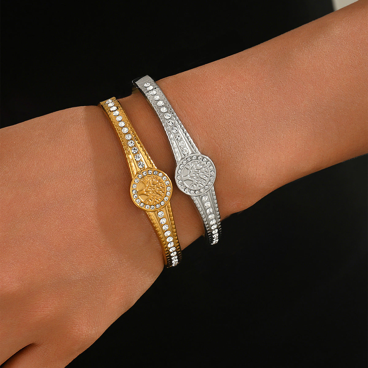Wholesale 18K Gold Plated Stainless Steel Tree Of Life Cuff Bracelet With Zircon Jewelry Accessory For Resale
