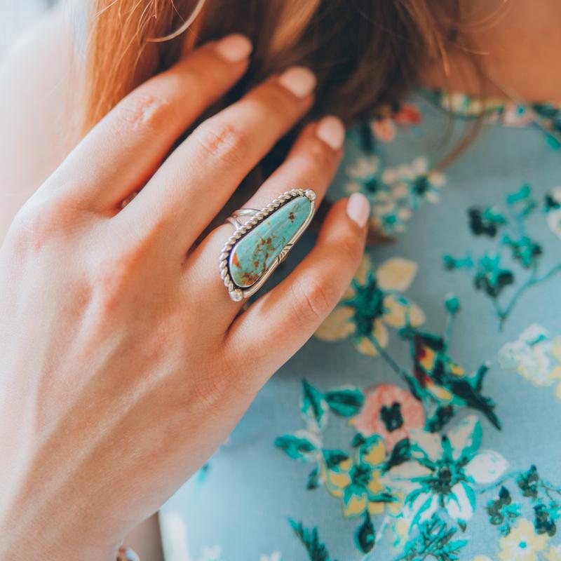Wholesale Retro geometric teardrop-shaped inlaid turquoise pattern ring