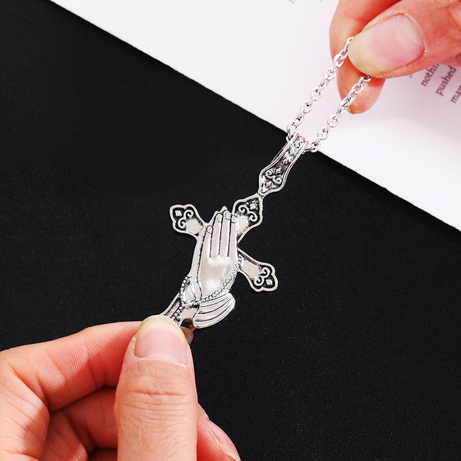 Wholesale Stainless Steel Chain Praying Hands Cross Alloy Pendant Women's Necklace