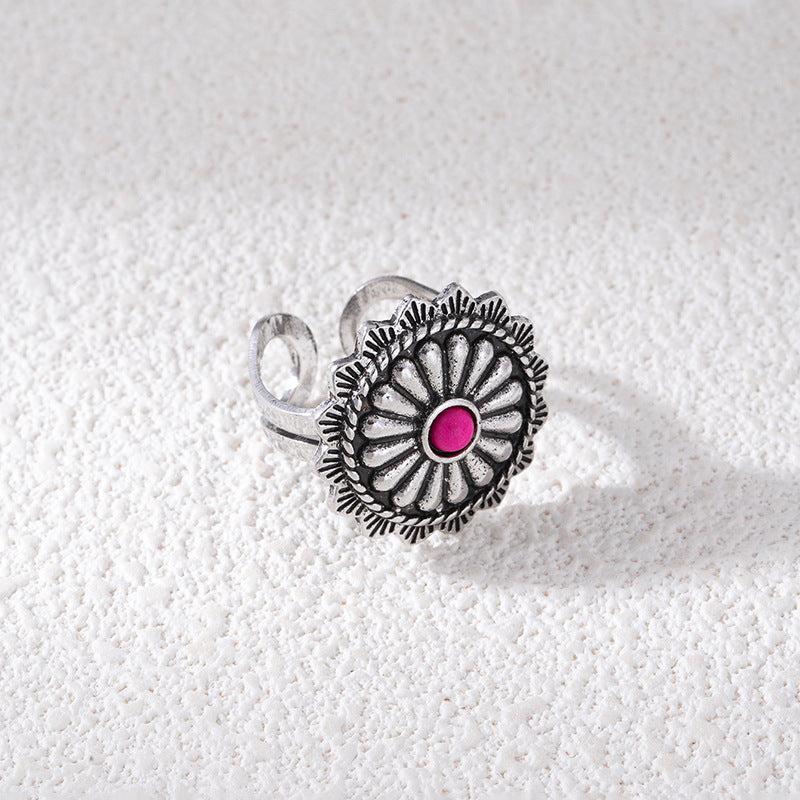 Wholesale Vintage Bohemian Turquoise Flower Ring,  Alloy Electroplated Pinky Ring,  Trendy Fashion Accessory for Resale