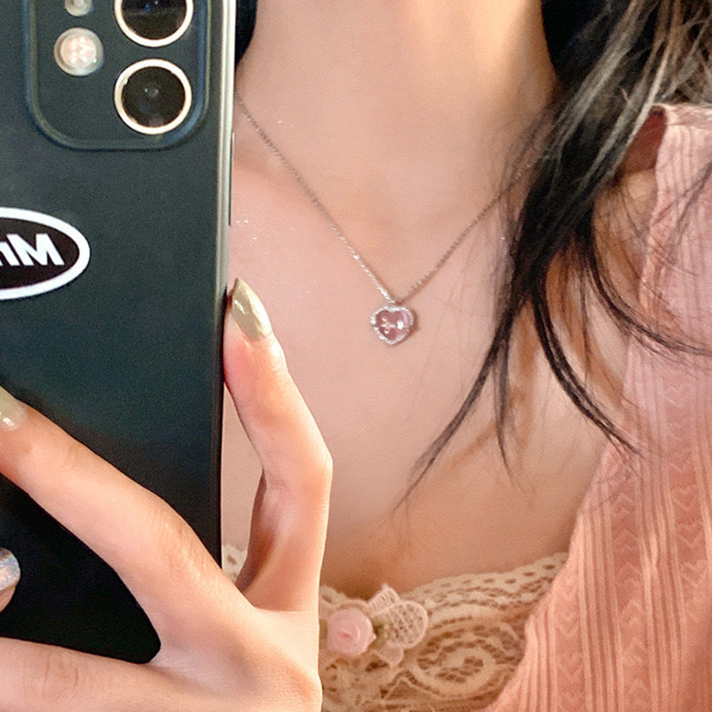 Wholesale Japanese Korean Style Pink Heart Pendant Necklace for Women Fashion Jewelry Accessory